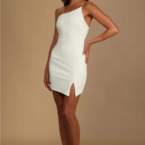white asymmetrical bodycon dress White Asymmetrical Sweater Dress With Waterfall Ruffle_ 2XL